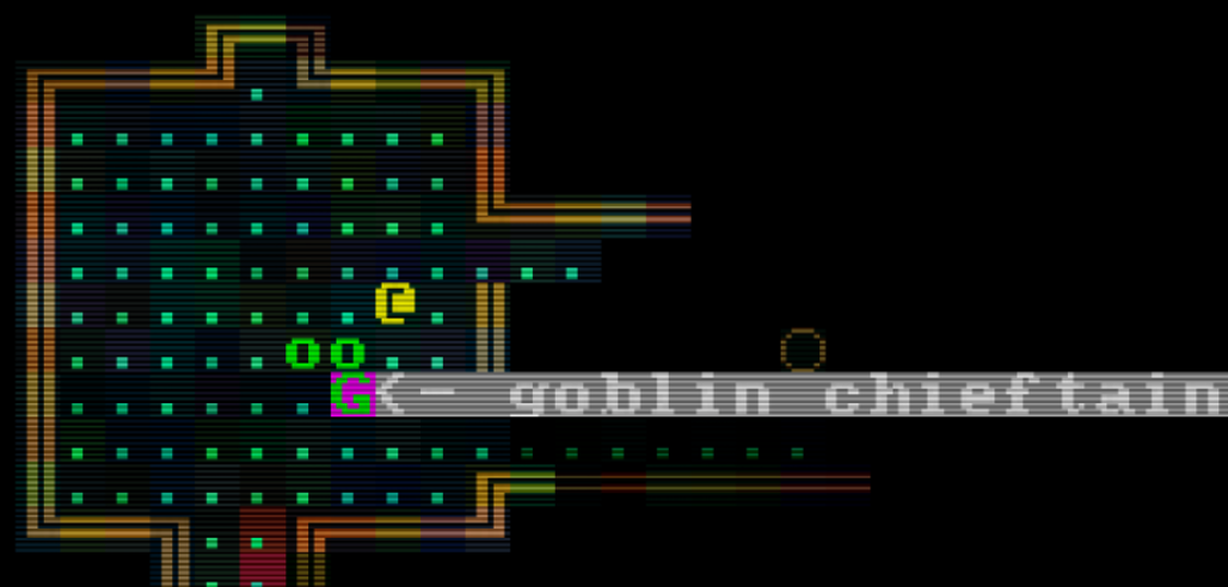 a screenshot of rust-rl showing brogue-like colour offsets