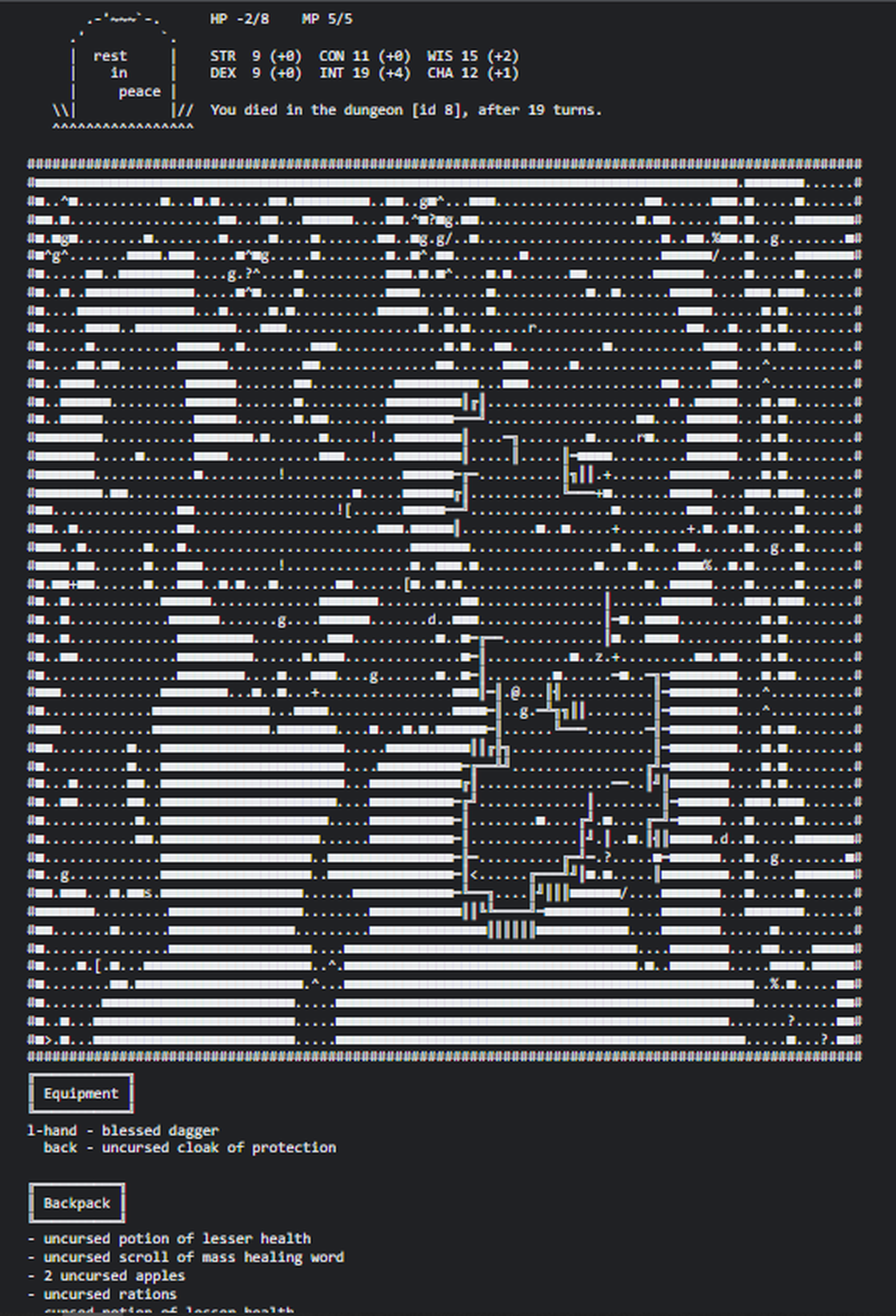 a morgue file of a run ended after 19 turns in rust-rl