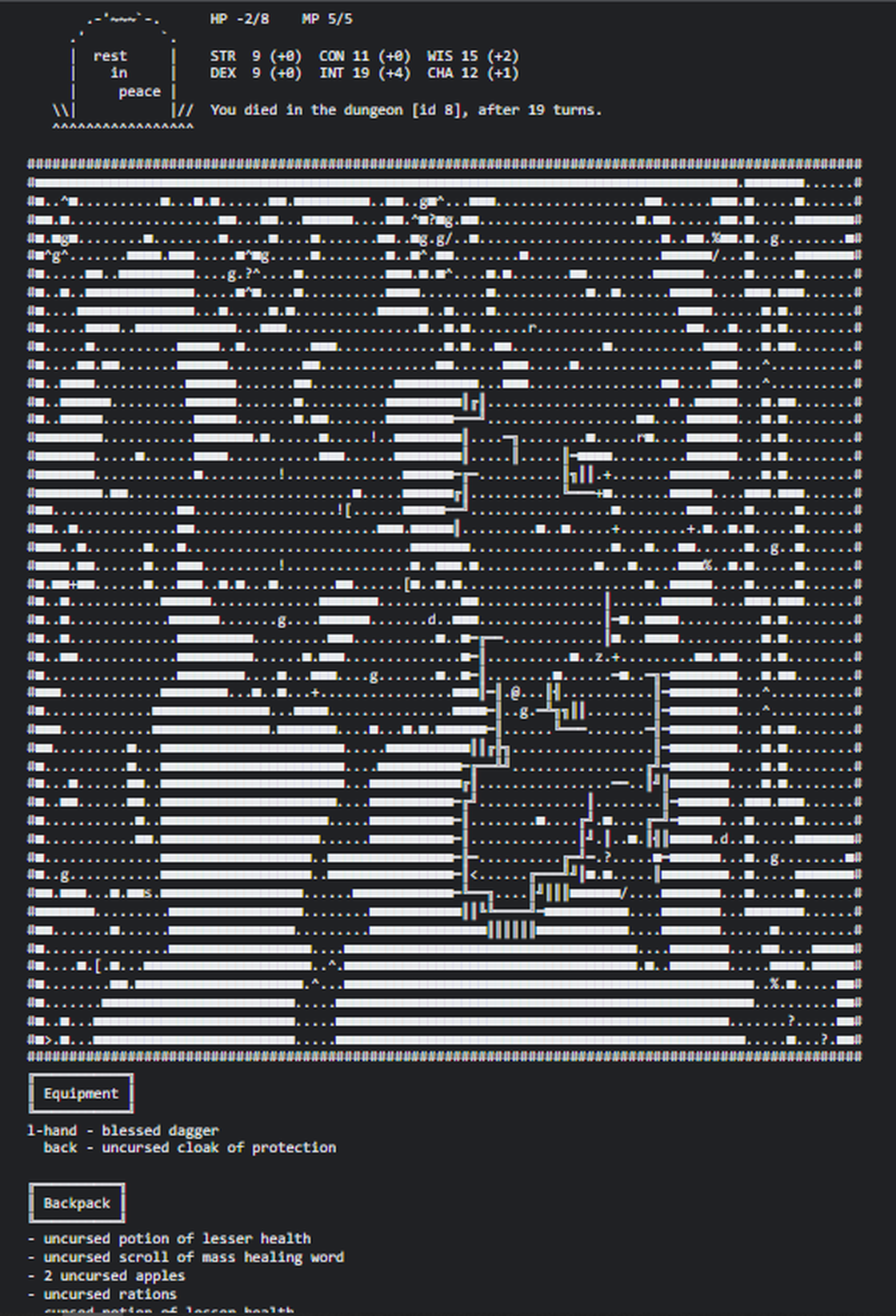 a morgue file of a run ended after 19 turns in rust-rl